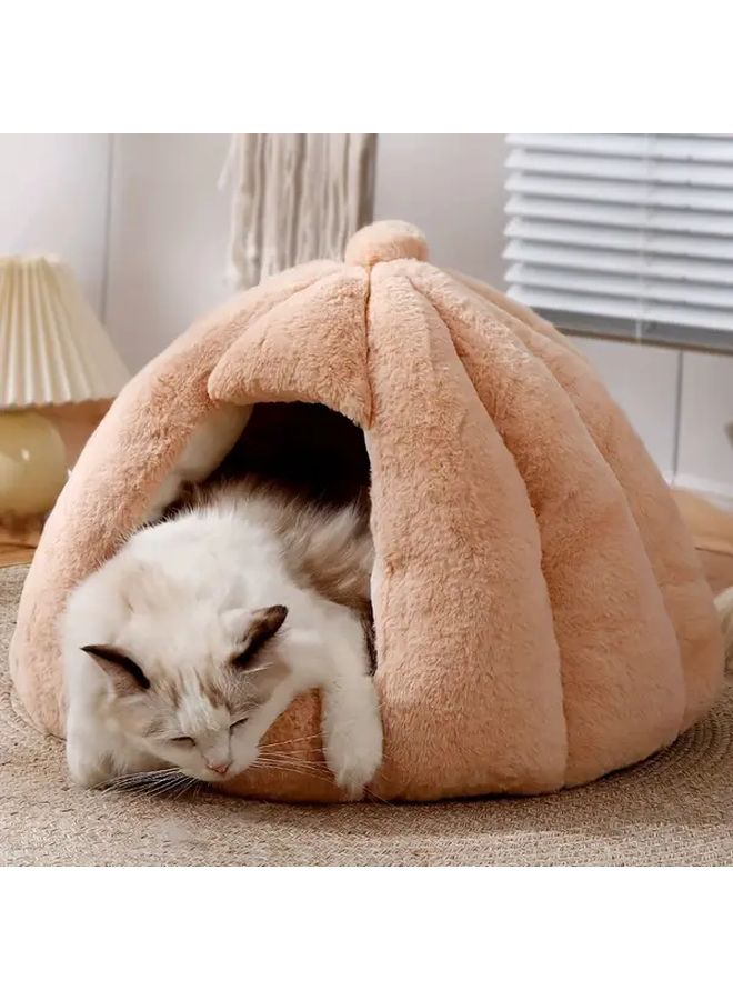 Large Khaki Plush Mongolian Cat Bed Warm Half Enclosed Dome Tent For Cats And Small Dogs - Image 1